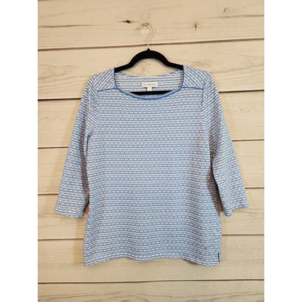 Kim Rogers Women's Blue White Geometric 3/4 Sleeve Round Neck T-Shirt Size Large